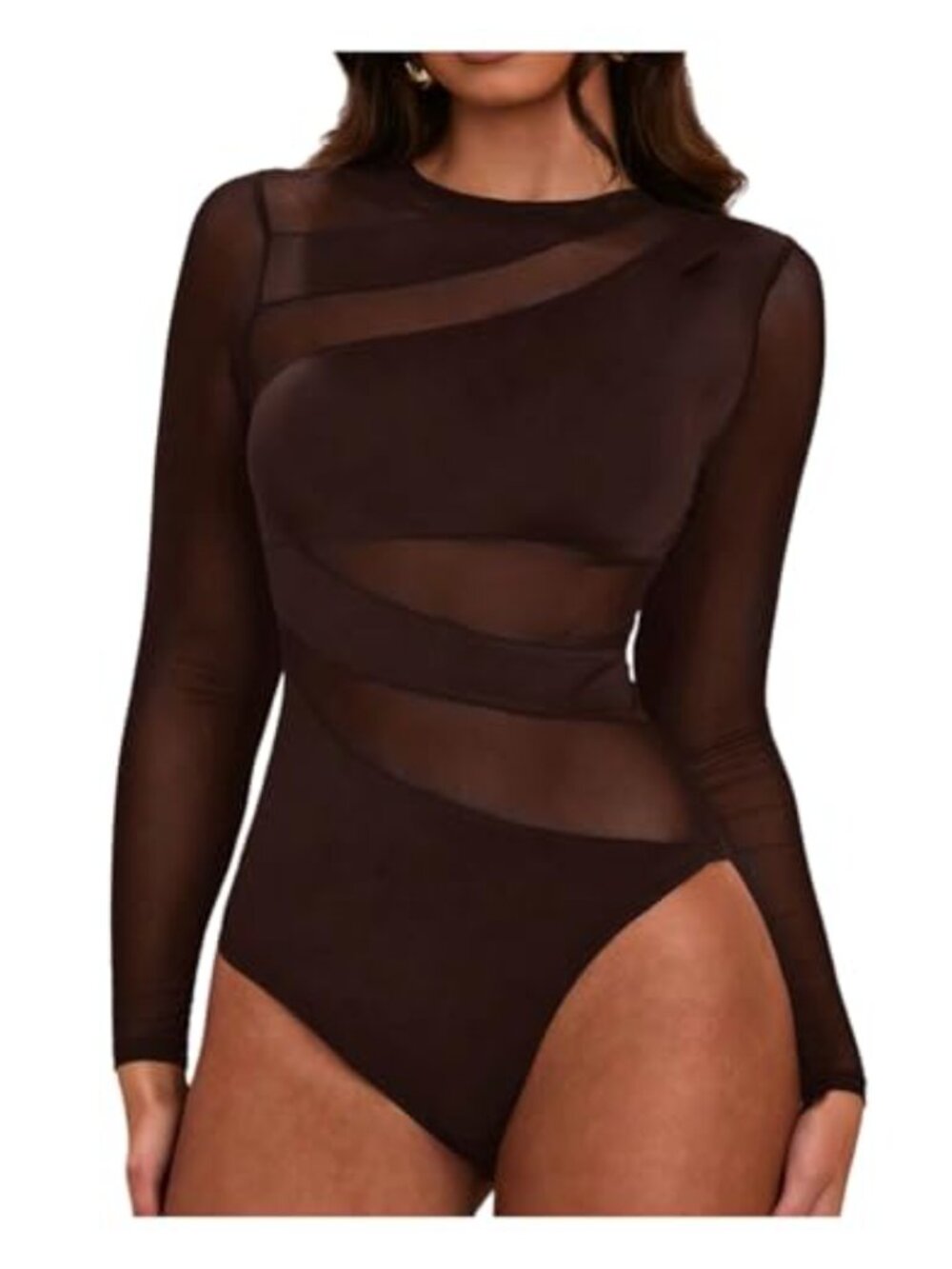 Mesh Sheer Bodysuit Top Long Sleeve Cut Out Crew Neck Leotard Going Out Concert